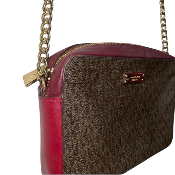 Michael Kors Red/Burgundy & Brown Monogram Crossbody Bag - Picture 3 of 11